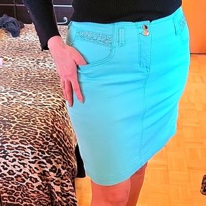 Style & Co Stretch Denim Aqua Mini-Skirt, Crystals & Studs, Pockets! 8